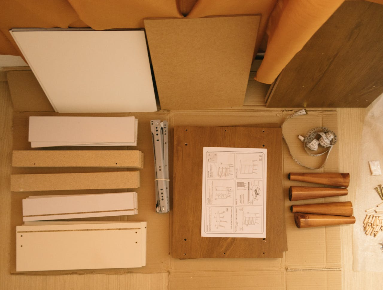 heros-img Flat lay of a DIY furniture assembly kit with instructions and tools.